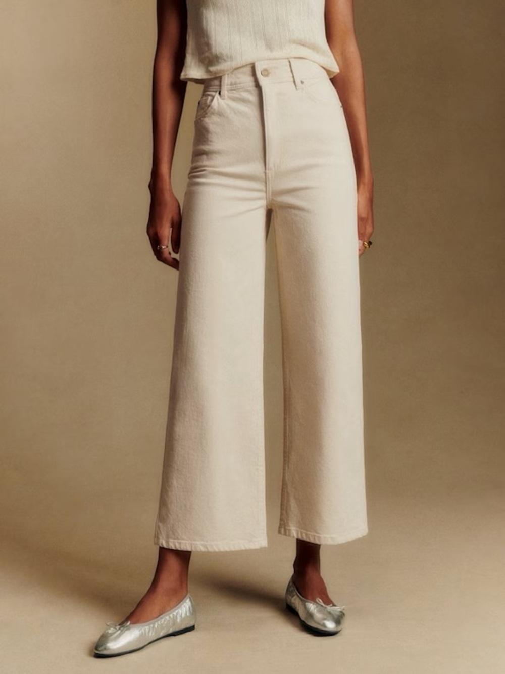 Sezane Cream Cropped Wide-Leg Jeans